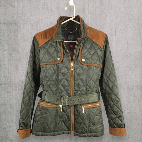 Vince Camuto Quilted Equestrian Riding Field Jacket Women’s M Olive Green Belted - Picture 1 of 10